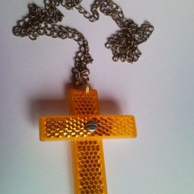 Christian cross necklace from recycled bicycle retroreflector
