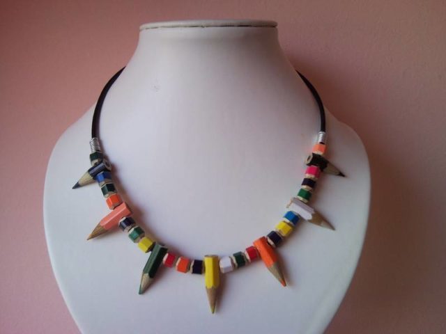 Coloured spiky pencil, crayon necklace on leather