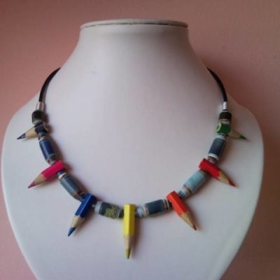 Coloured spiky pencil, crayon paper roll necklace on leather