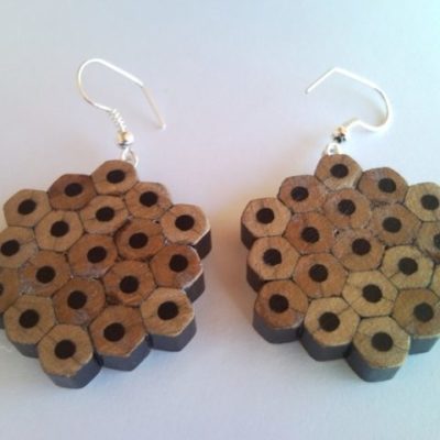 Black flower shape pencil crayon earrings - mottled, dotted, spotted