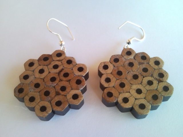Black flower shape pencil crayon earrings - mottled, dotted, spotted