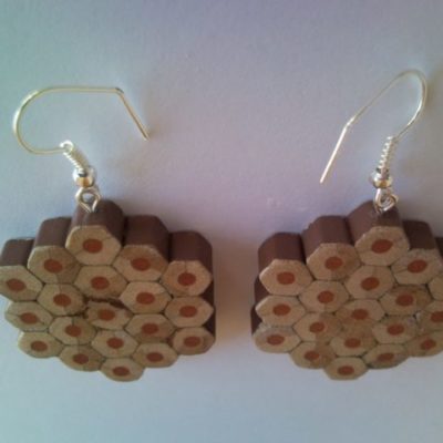 Brown flower shape pencil crayon earrings - mottled, dotted, spotted
