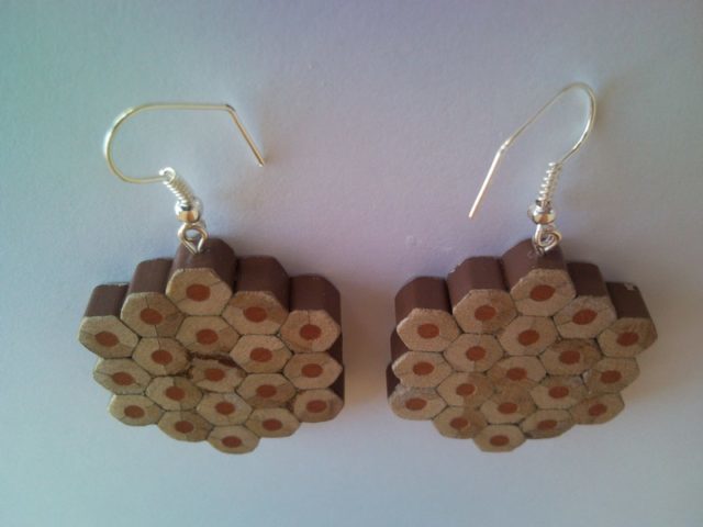 Brown flower shape pencil crayon earrings - mottled, dotted, spotted