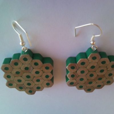 Green flower shape pencil crayon earrings - mottled, dotted, spotted