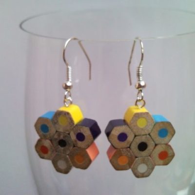 Flower shaped coloured pencil crayon earrings 1.