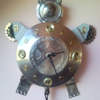 Recycled found object junk sculpture turtle wall clock
