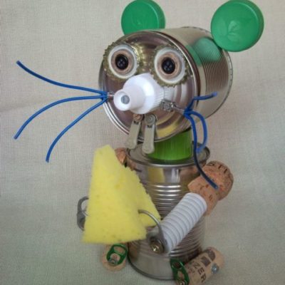 Tin can mouse eats a bit of cheese, recycled home decor
