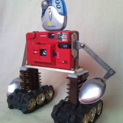 Upcycled junk sculpture photo camera robot machinery, home decor