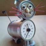 Recycled tin can cat desk table clock with crank arm tail