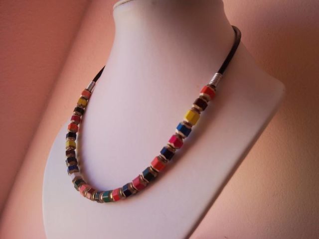 Coloured pencil, crayon necklace with washer on leather