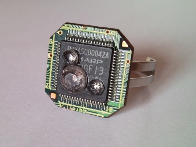 Recycled microchip, PCB, printed circuit board geekery ring