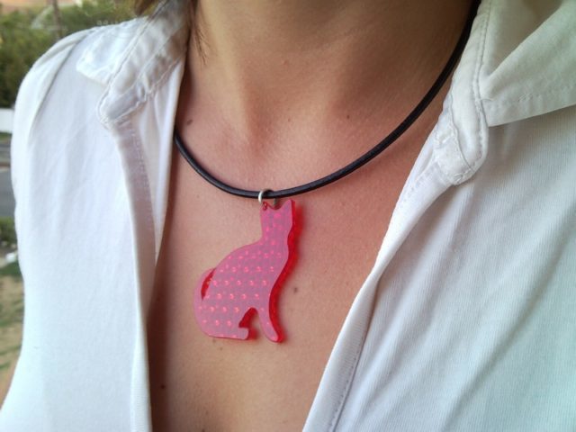 Red lady-cat necklace, pendant from retro-reflector