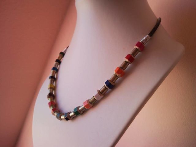 Coloured pencil, crayon necklace with rings on leather