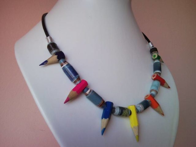 Coloured spiky pencil, crayon paper roll necklace on leather