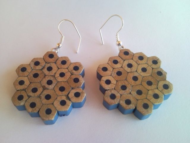 Blue flower shape pencil crayon earrings - mottled, dotted, spotted