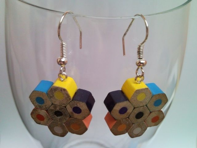 Flower shaped coloured pencil crayon earrings 1.