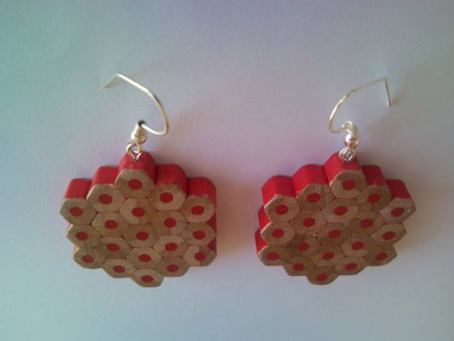 Red flower shape pencil crayon earrings - mottled, dotted, spotted