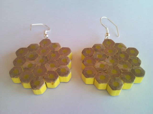 Yellow flower shape pencil crayon earrings - mottled, dotted, spotted