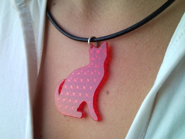 Red lady-cat necklace, pendant from retro-reflector