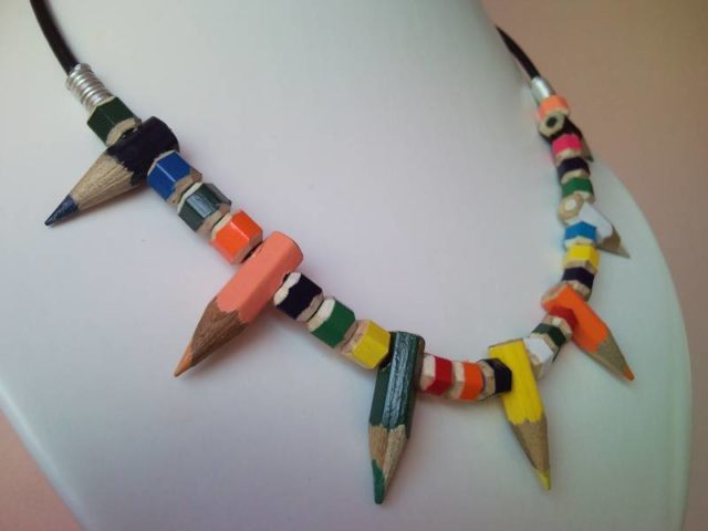 Coloured spiky pencil, crayon necklace on leather