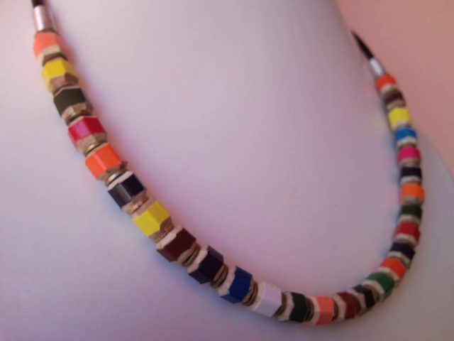 Coloured pencil, crayon necklace with washer on leather