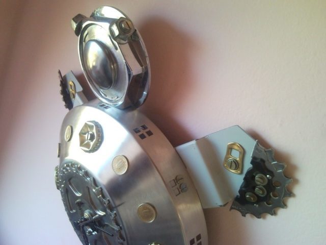 Recycled found object junk sculpture turtle wall clock