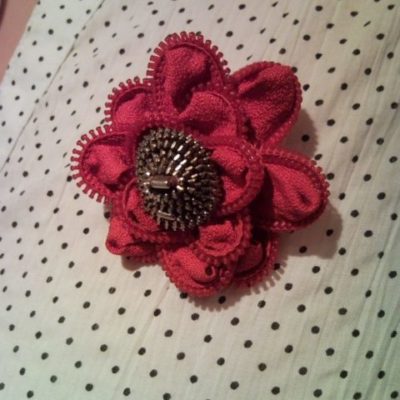 Recycled elegant red zipper rose flower brooch