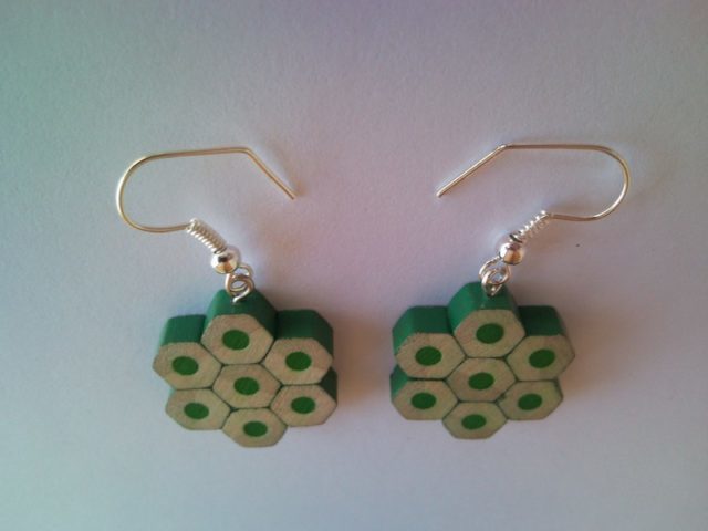Green flower shape pencil crayon earrings 1.
