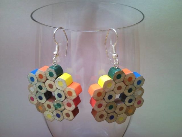 Flower shaped coloured pencil crayon earrings 3.