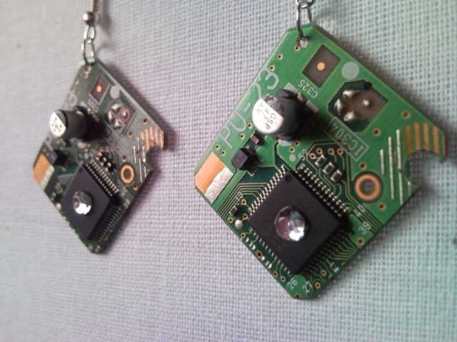 Recycled microchip PCB geekery earrings with strass 6.