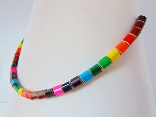 Rainbow colored pencil crayon necklace on transparent elastic fishing line 1