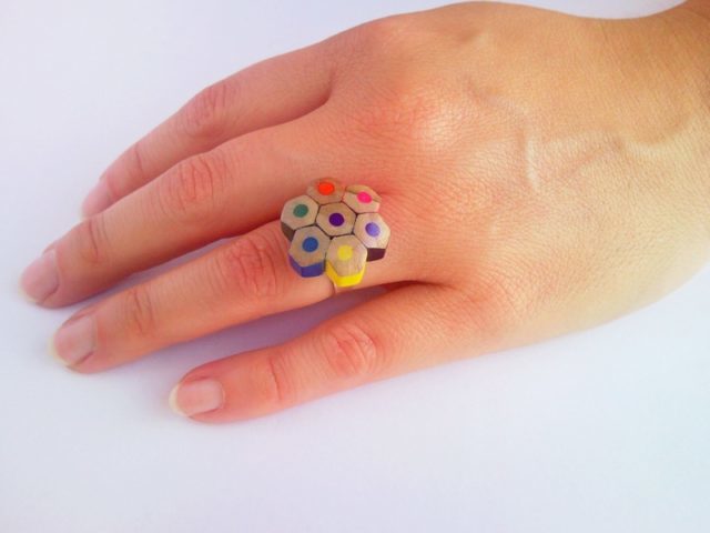 Colored pencil crayon adjustable flower shaped ring - slim style